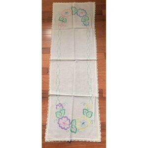 Embroidery Pink Purple and Yellow Flower Table Runner 15x46 Vintage